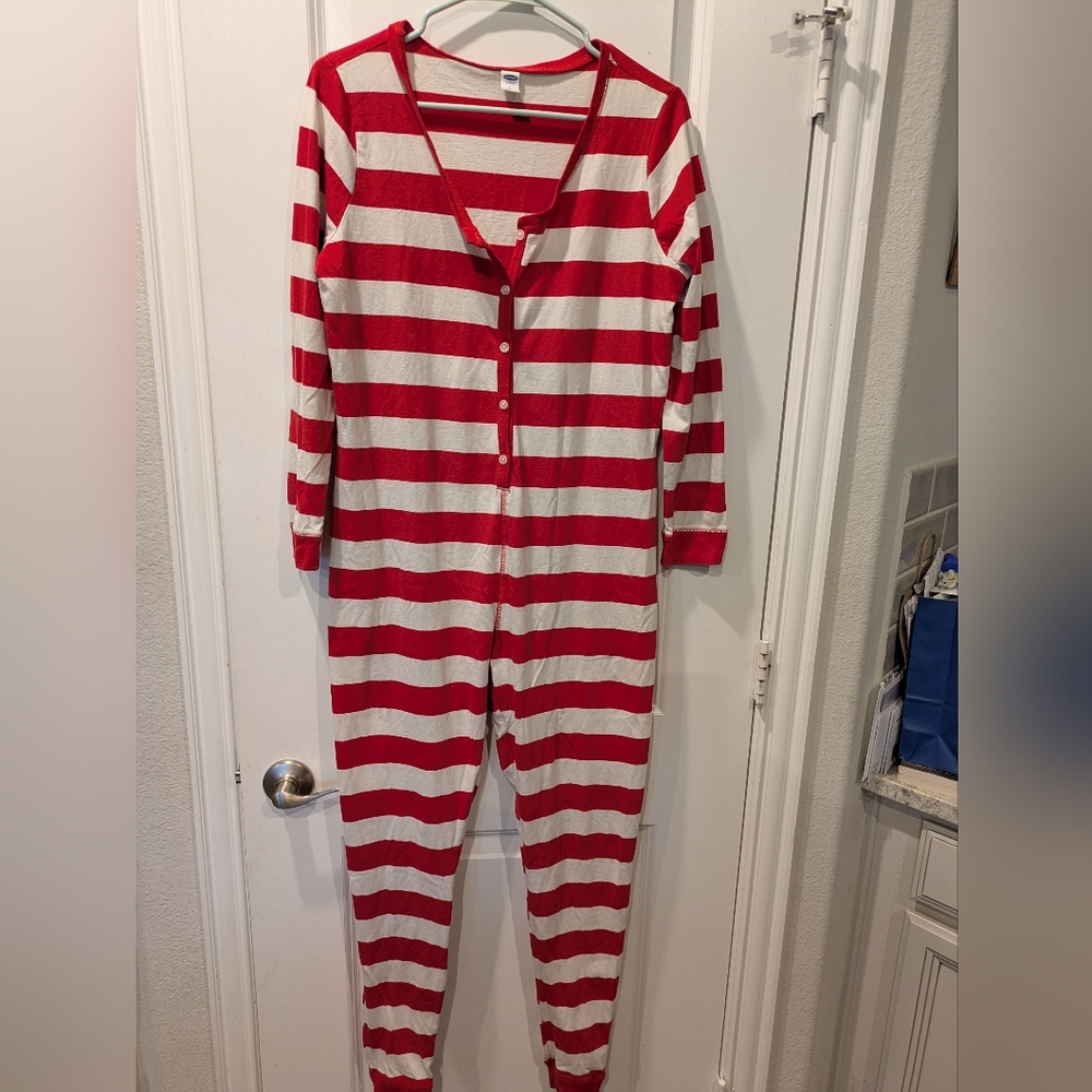 Old Navy Red and White Striped Women's Pajama Onesie Union Jack Large